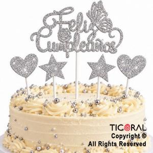 CAKE TOPPER FELIZ CUMPLEA�OS CON ESTRELLAS Y CORAZONES GIBRE PLATA